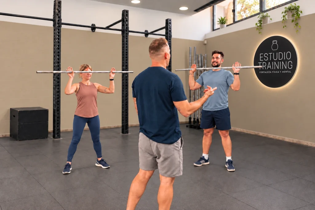 Dos clientes entrenando con picas y su entrenador en Estudio Training Bilbao